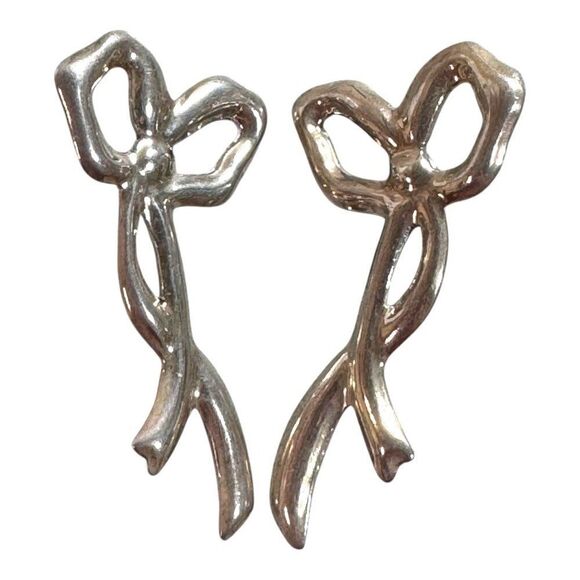 Vintage Taxco Mexico Sterling Silver 925 Bow Shaped Earrings 2" Long Statement - Picture 3 of 7